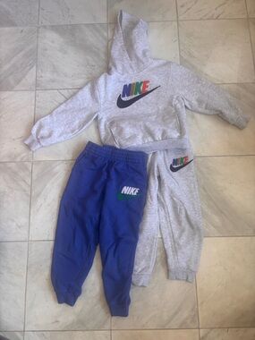 Nike Kids Gray Hoodie with Gray and Blue Jogger Bottoms - Multicolor Logo